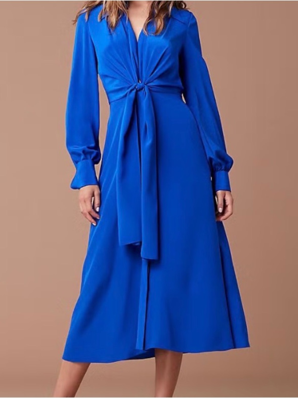 Diane Von Furstenberg Royal Blue Long-Sleeve Knot-Front Midi Dress